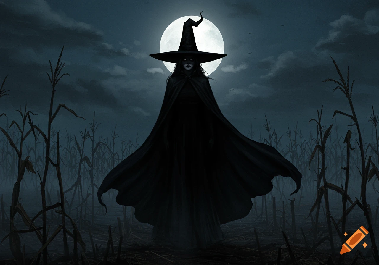A dark, atmospheric illustration of a witch in a tall hat and long black cloak standing in a dried cornfield under a full moon at night.
