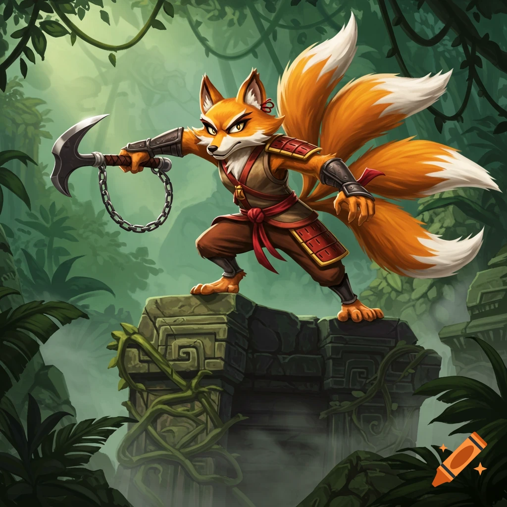 An anthropomorphic kitsune fox ninja with multiple tails, wearing samurai armor, stands on a stone ruin in a jungle, wielding a kusarigama.