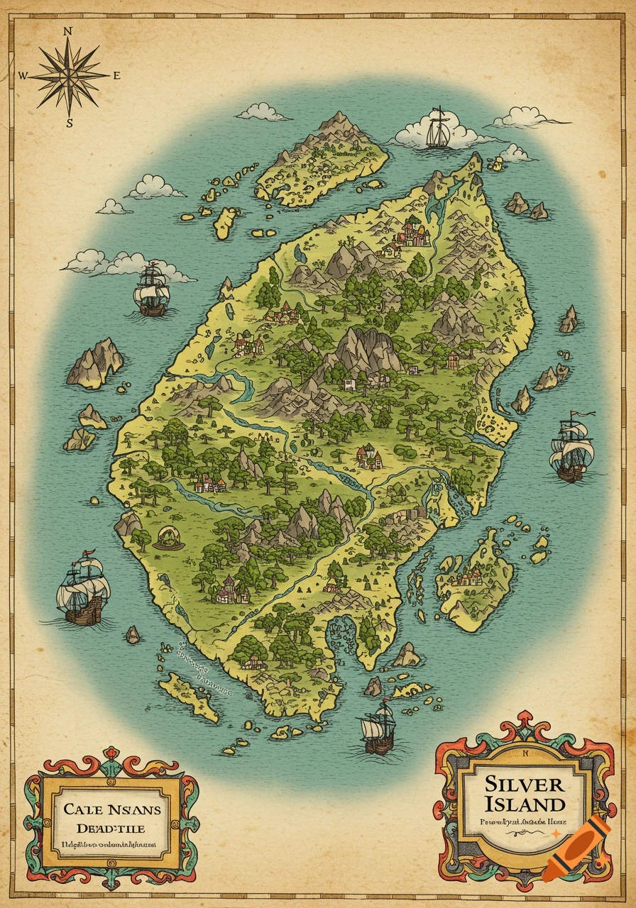 An old-timey, hand-drawn fantasy map of Silver Island, showing mountains, forests, small villages, and ships sailing the surrounding sea.