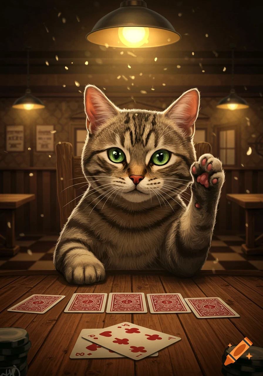 A cute tabby cat sits at a wooden table in a dimly lit bar, playing cards with its paw raised.