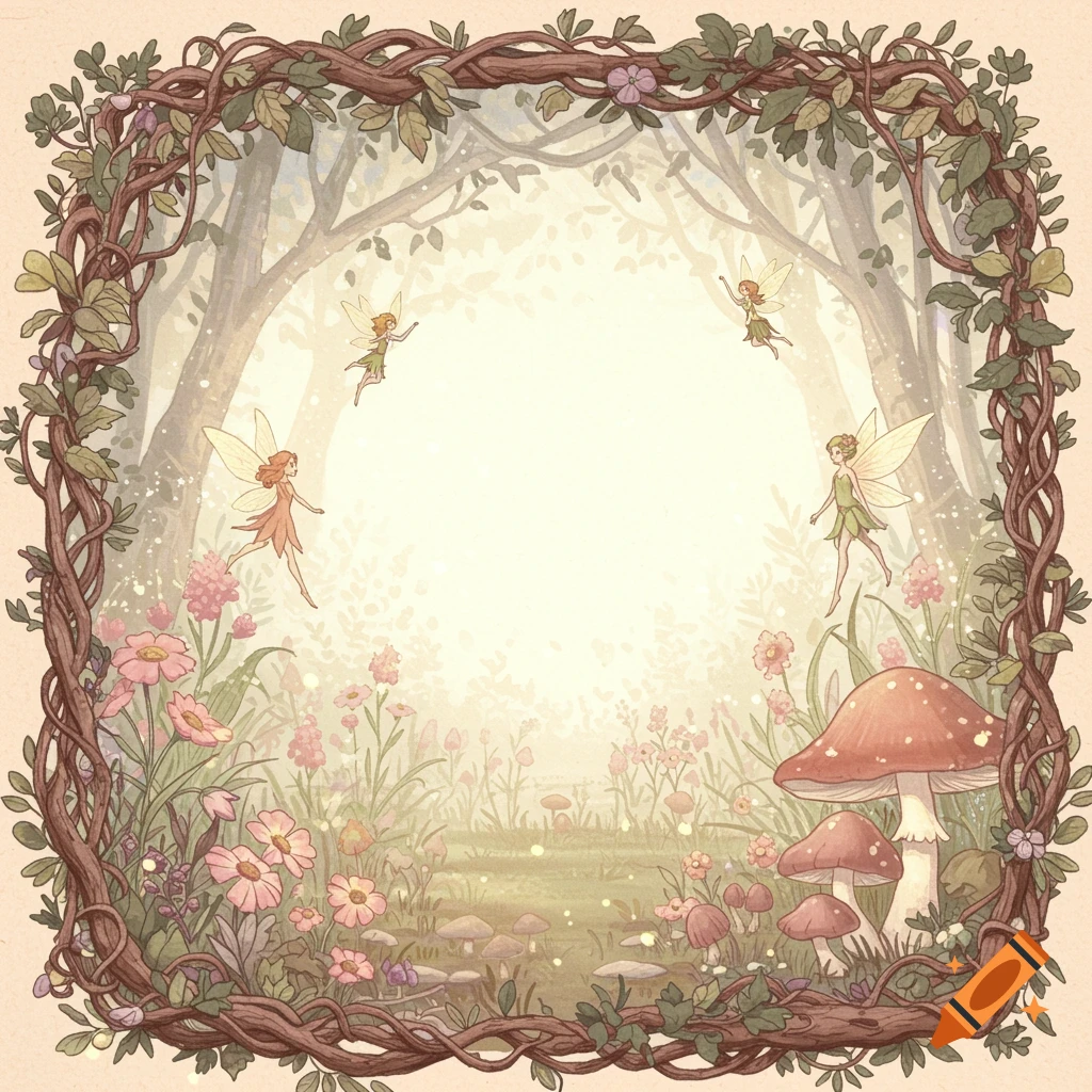 A whimsical forest illustration with a leafy vine border framing a bright center. Fairies fly amongst pink flowers, red and white mushrooms, and trees.