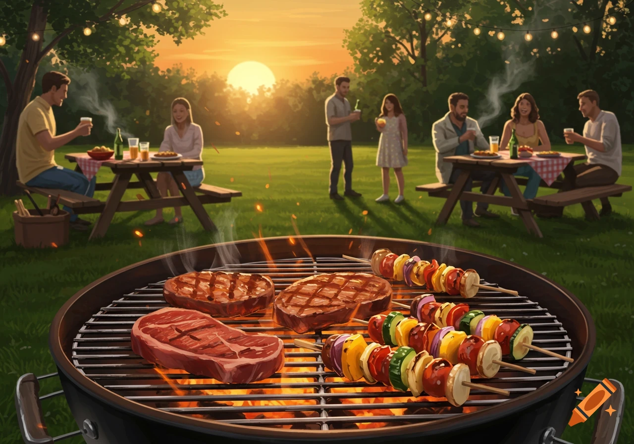 Digital illustration of a BBQ grill with cooking steaks and vegetable skewers, with people gathering in a park at sunset.