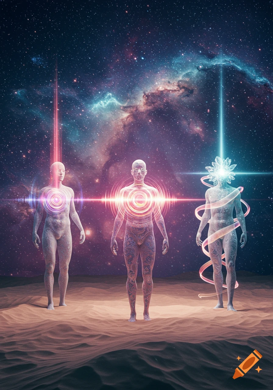Three stylized translucent humanoid figures emitting light and energy, standing on sand dunes under a starry cosmic sky.