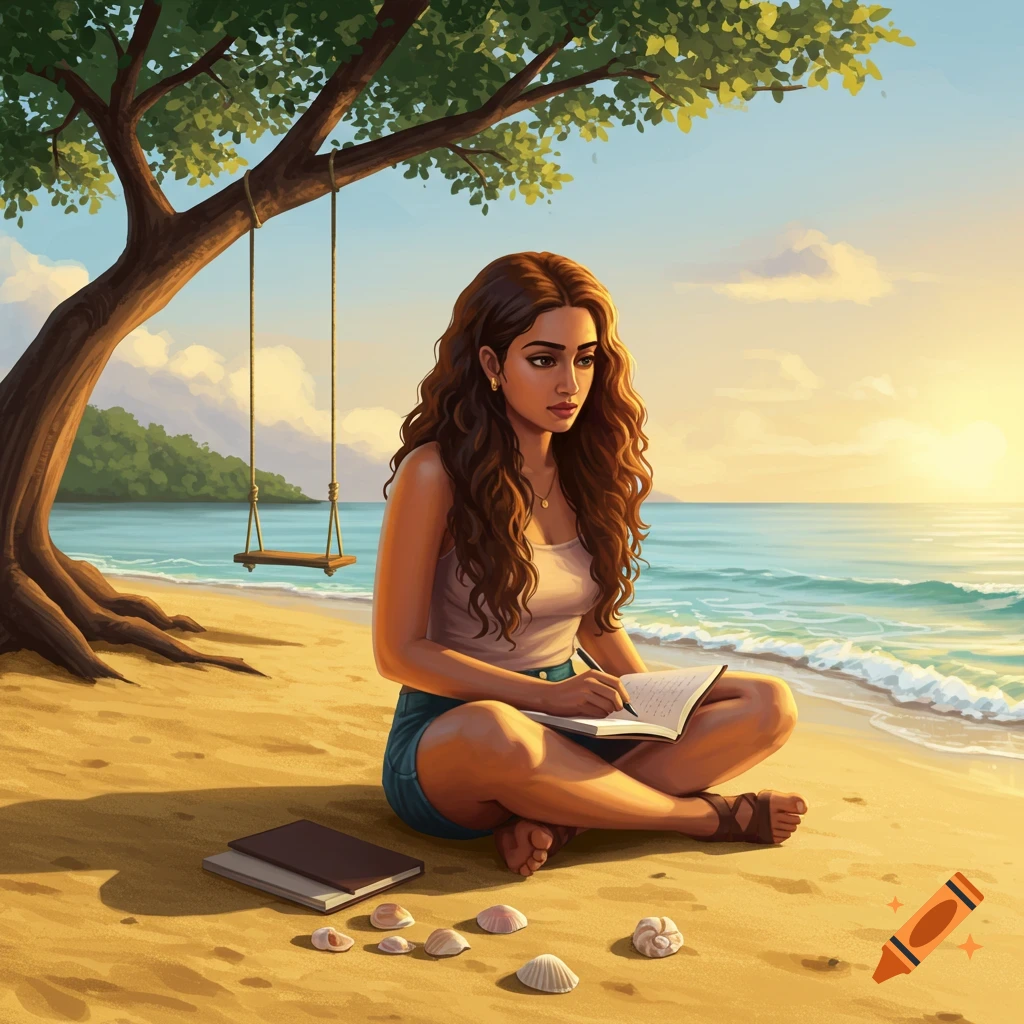 Illustrated woman with long hair sitting on a sandy beach, writing in a notebook near a tree with a swing, at sunset.