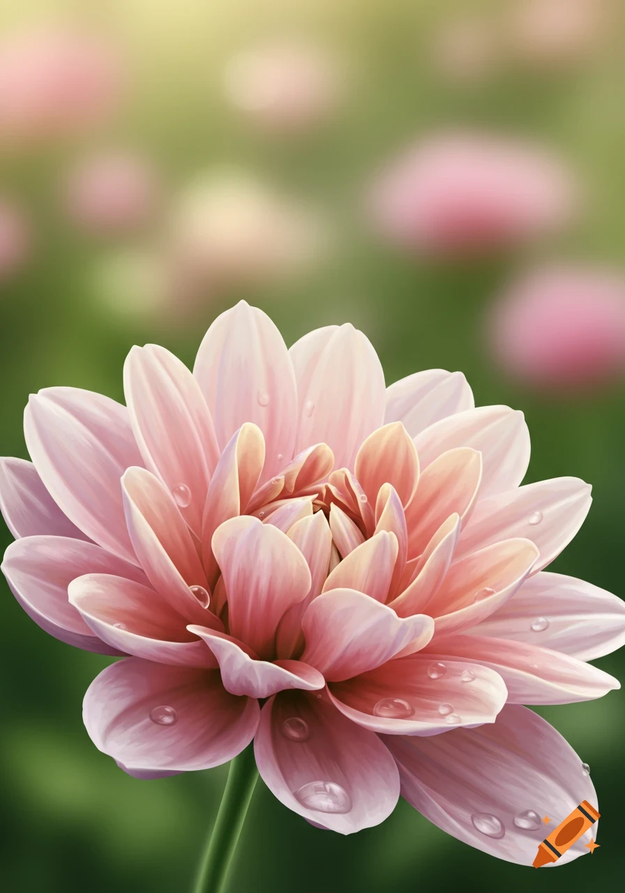 Close-up of a vibrant pink dahlia flower with water droplets on its petals, set against a softly blurred green background.