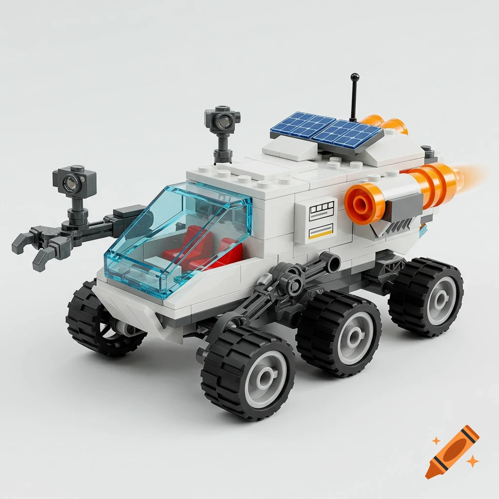 A futuristic Lego rover with a robotic arm, solar panel, transparent cockpit, red seat, and an orange engine, isolated on a white background.