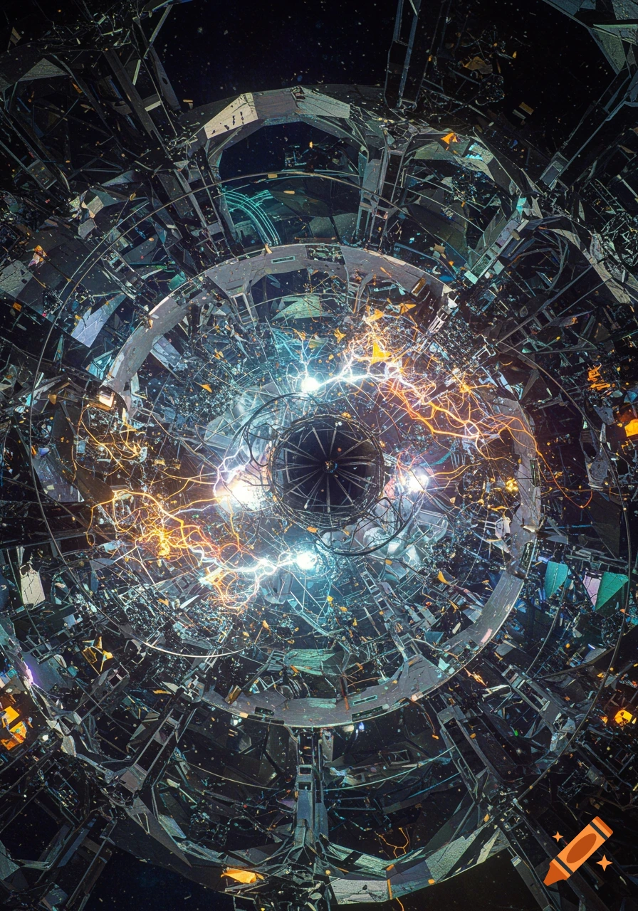 Abstract image of a central glowing energy with blue and orange lightning, surrounded by intricate, fragmented metallic structures.