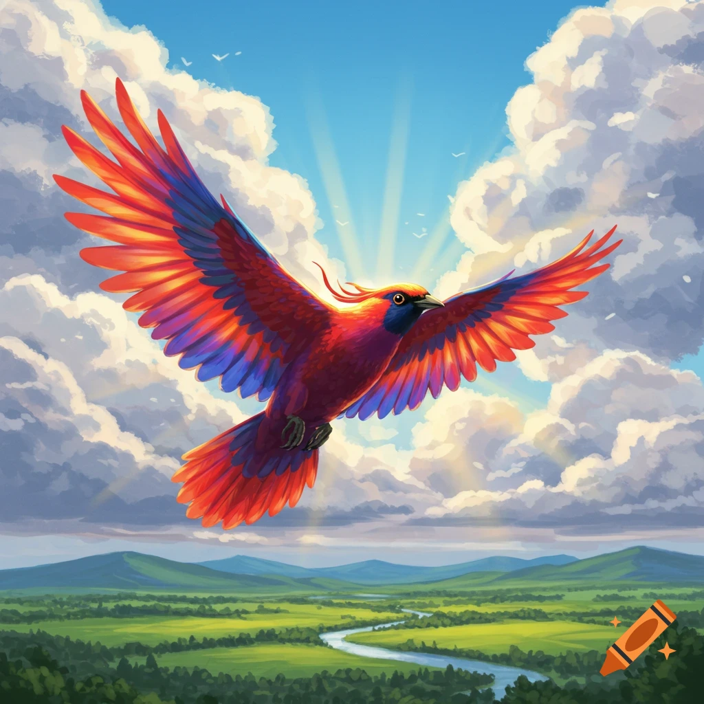 A vibrant, colorful bird with red and blue wings soars through a bright, cloudy sky with sun rays, over a lush green landscape and winding river.