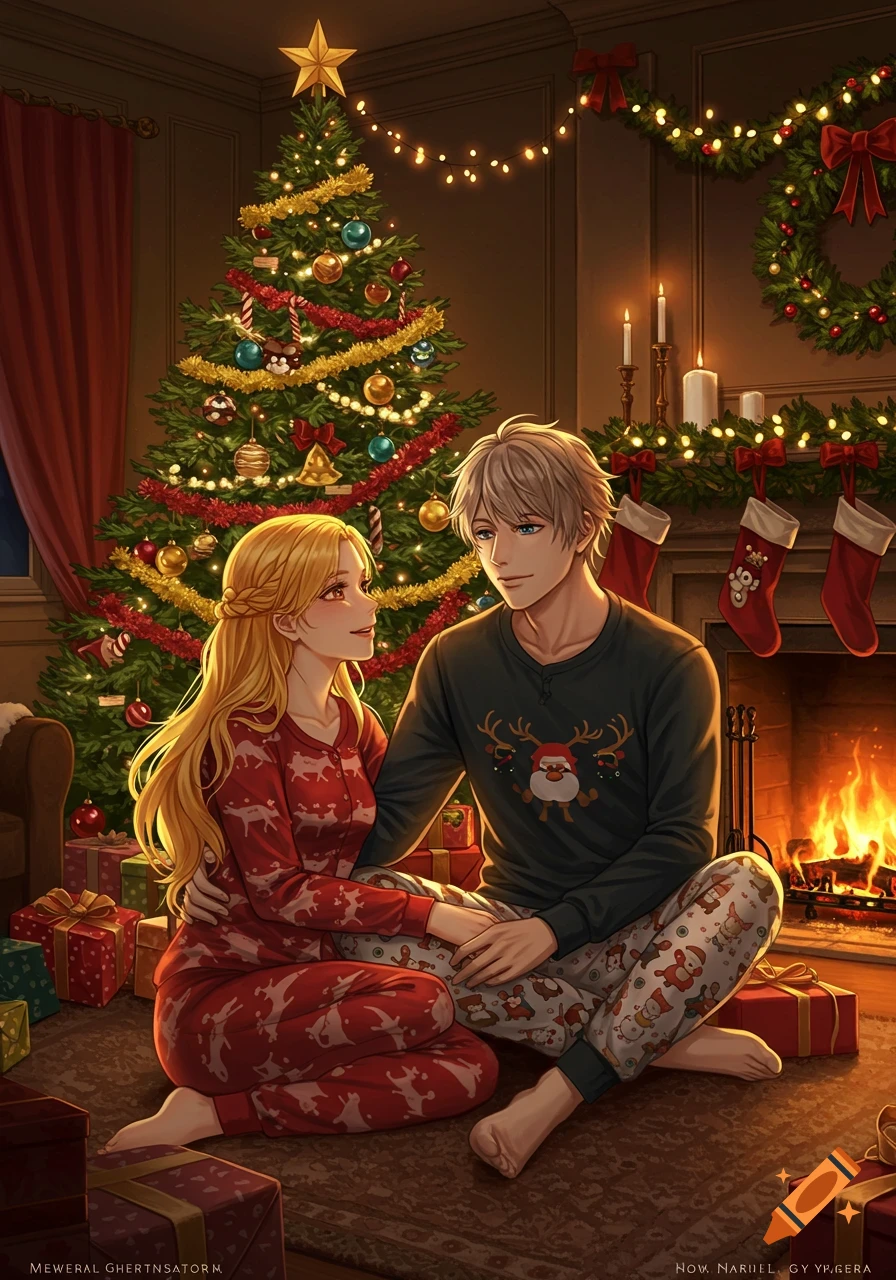 Anime-style illustration of a blonde woman and a man in pajamas, holding hands by a decorated Christmas tree and fireplace.