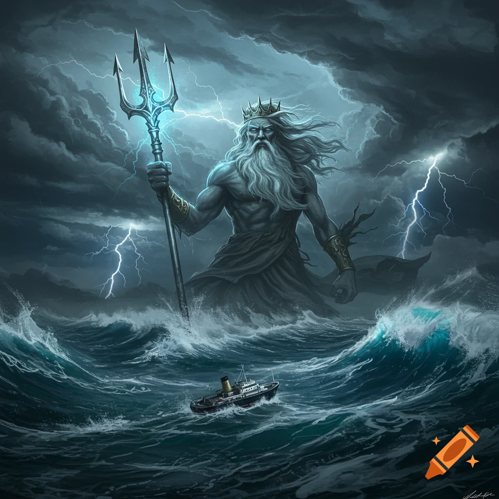 Epic fantasy illustration of King Neptune, an old man with a beard and crown, standing in a stormy ocean with a glowing trident, towering over a small ship.