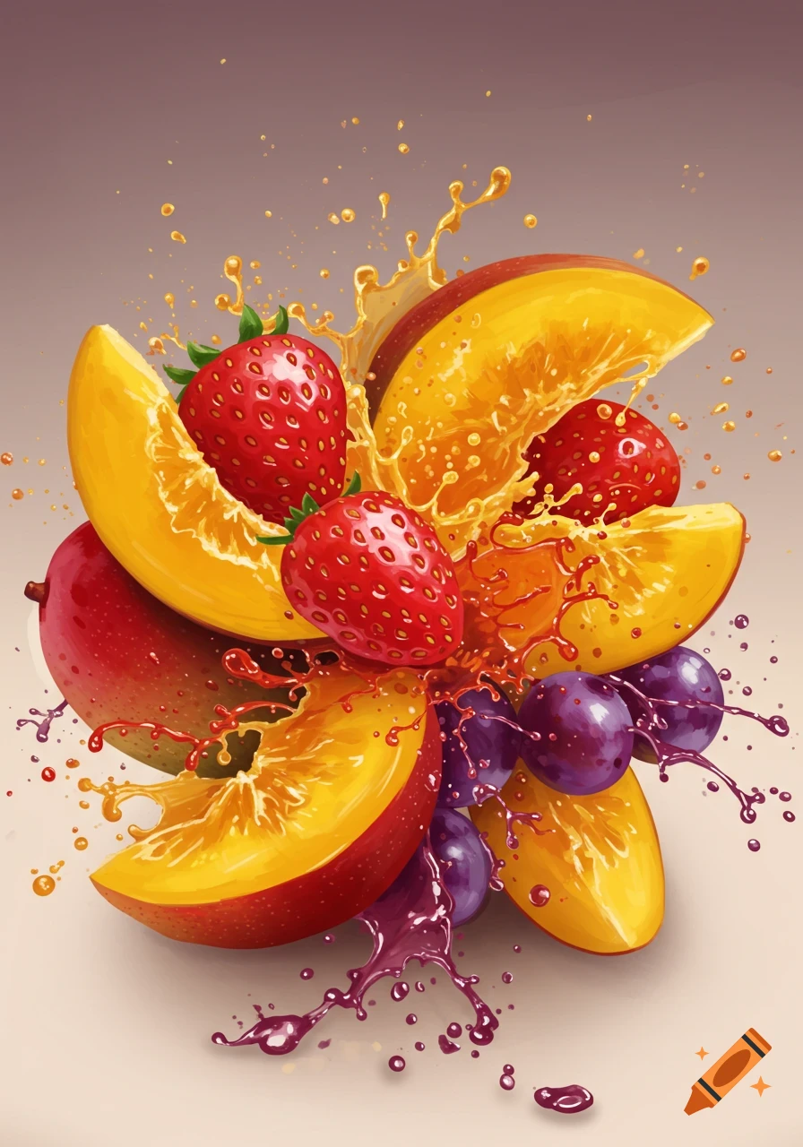 Vibrant illustration of strawberries, mango slices, and grapes with colorful juice splashing.