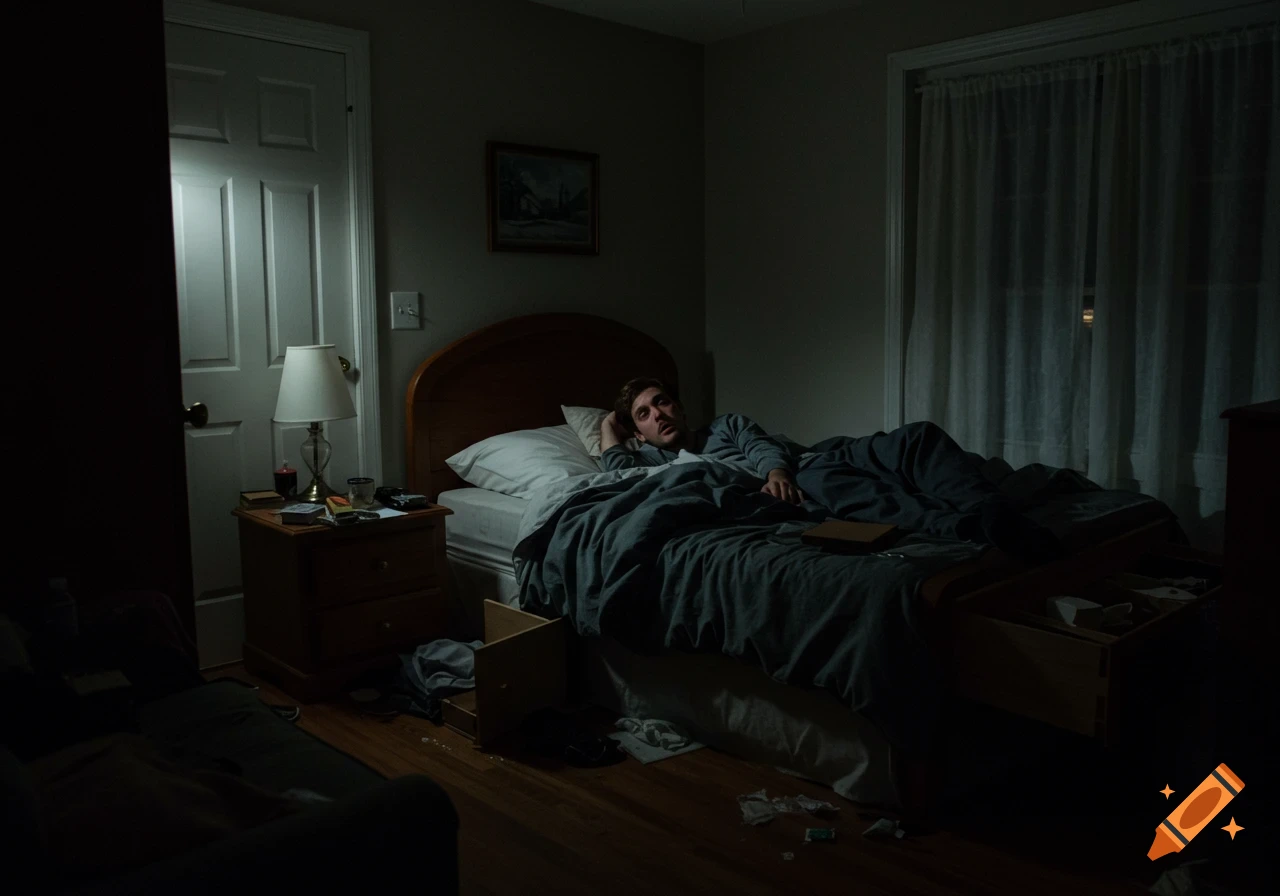 A photorealistic image of a young man lying awake in a dimly lit, messy bedroom at night, staring blankly.