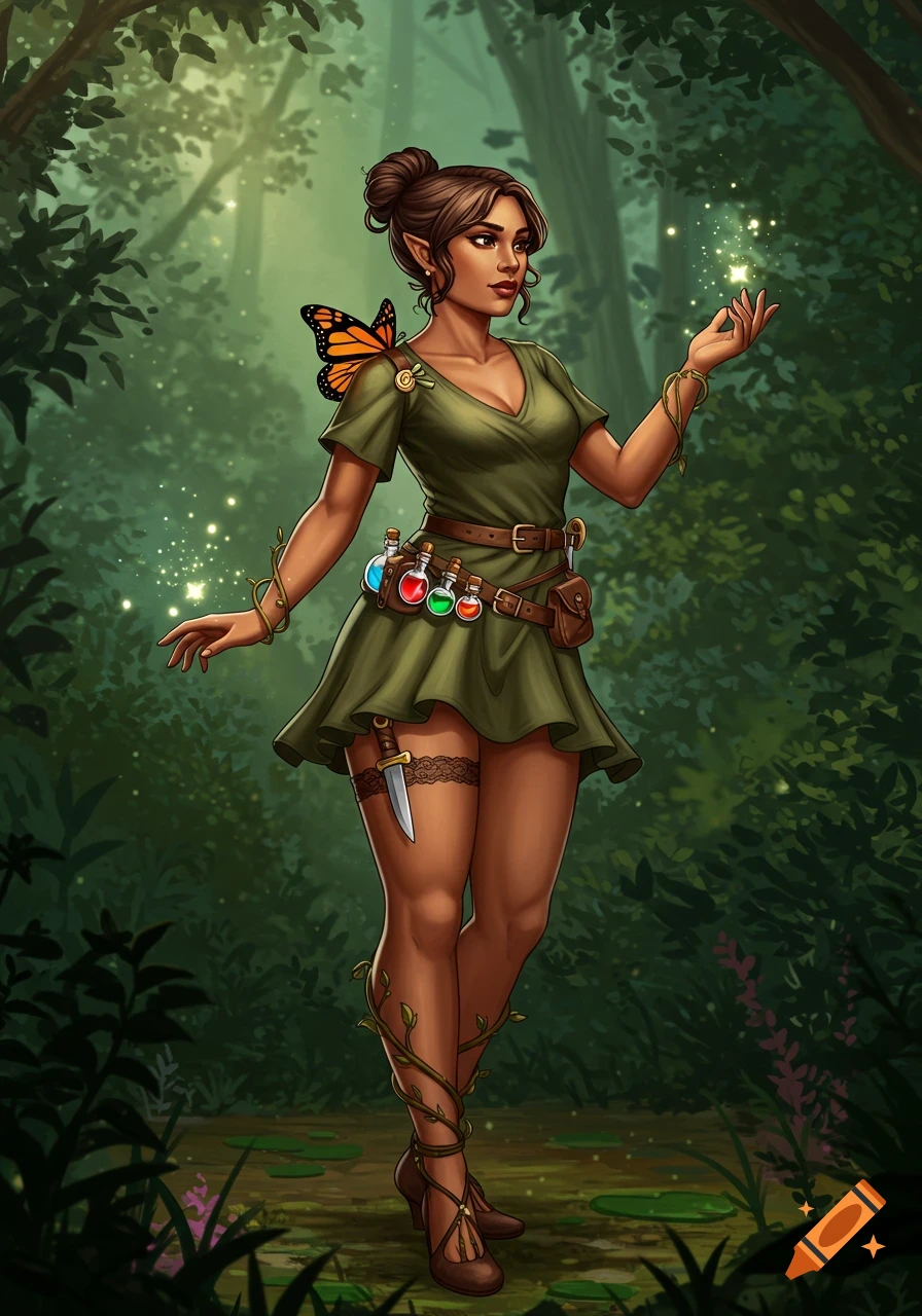 A Latina fantasy elf character with a monarch wing, green dress, potion belt, and vine shoes, creating magic in a forest.