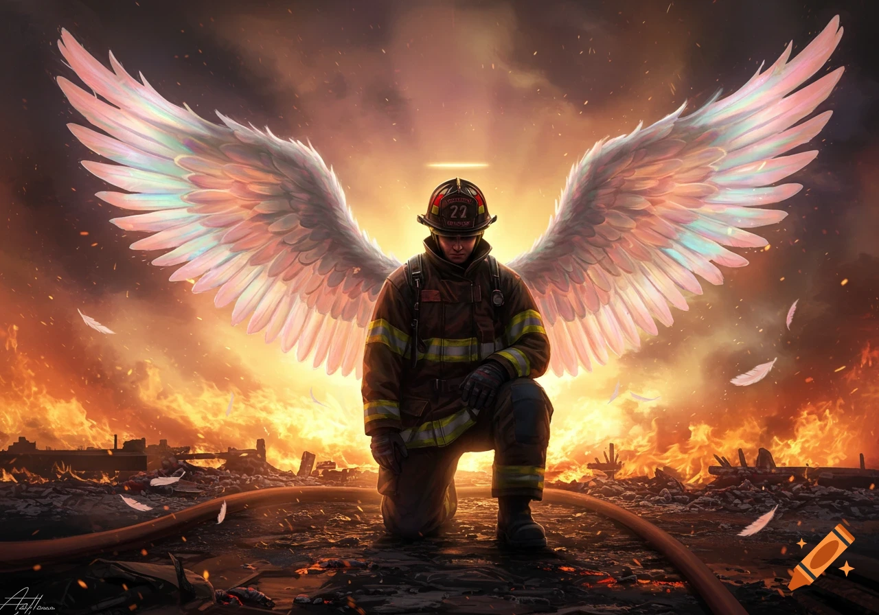 Heroic firefighter with iridescent angel wings kneeling amidst a burning, destroyed city. Digital art.
