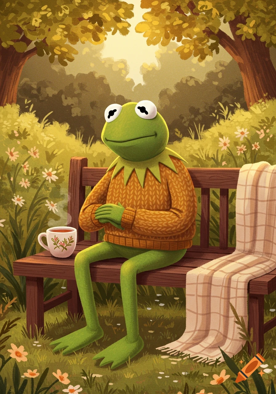 An illustration of Kermit the Frog in an orange sweater sitting on a park bench with a steaming cup of tea, amidst autumn foliage.