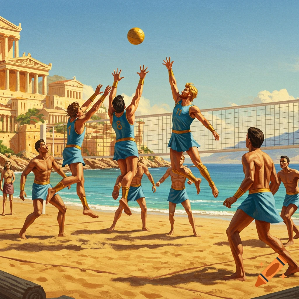 Ancient Greek men in blue tunics play beach volleyball on a sandy shore with classical architecture and blue sea in the background.