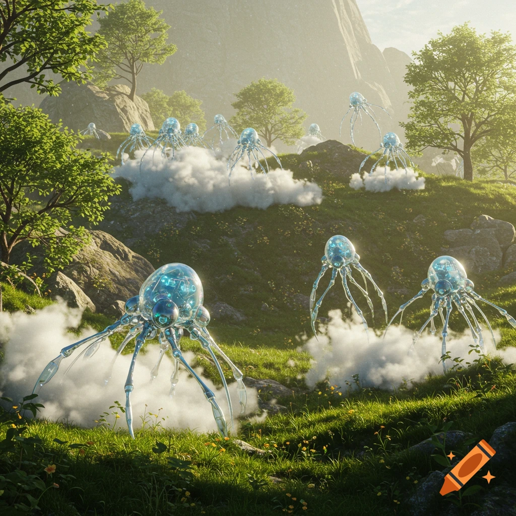 Translucent, glowing nanobots on small clouds move across a lush, sunlit mountain landscape.