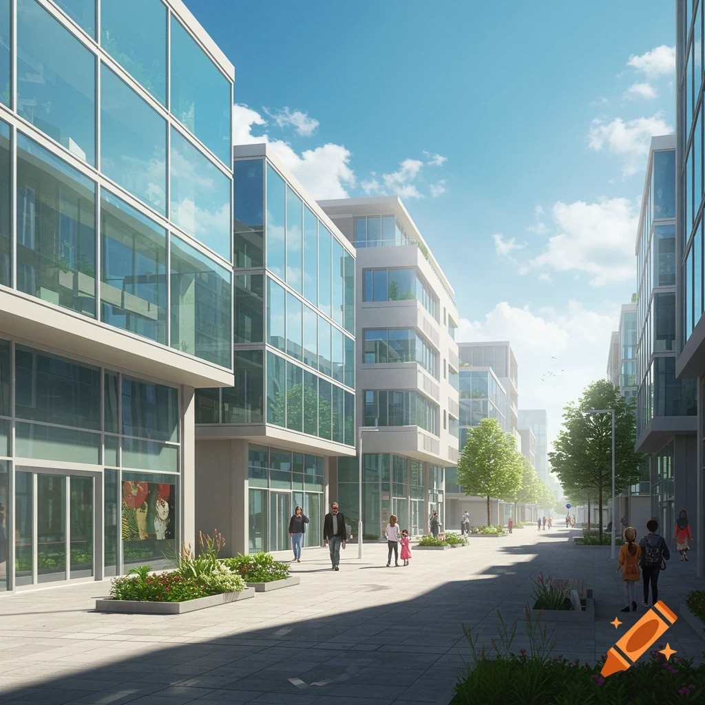 A photorealistic image of a modern city street with glass-fronted buildings, trees, and pedestrians under a blue sky.