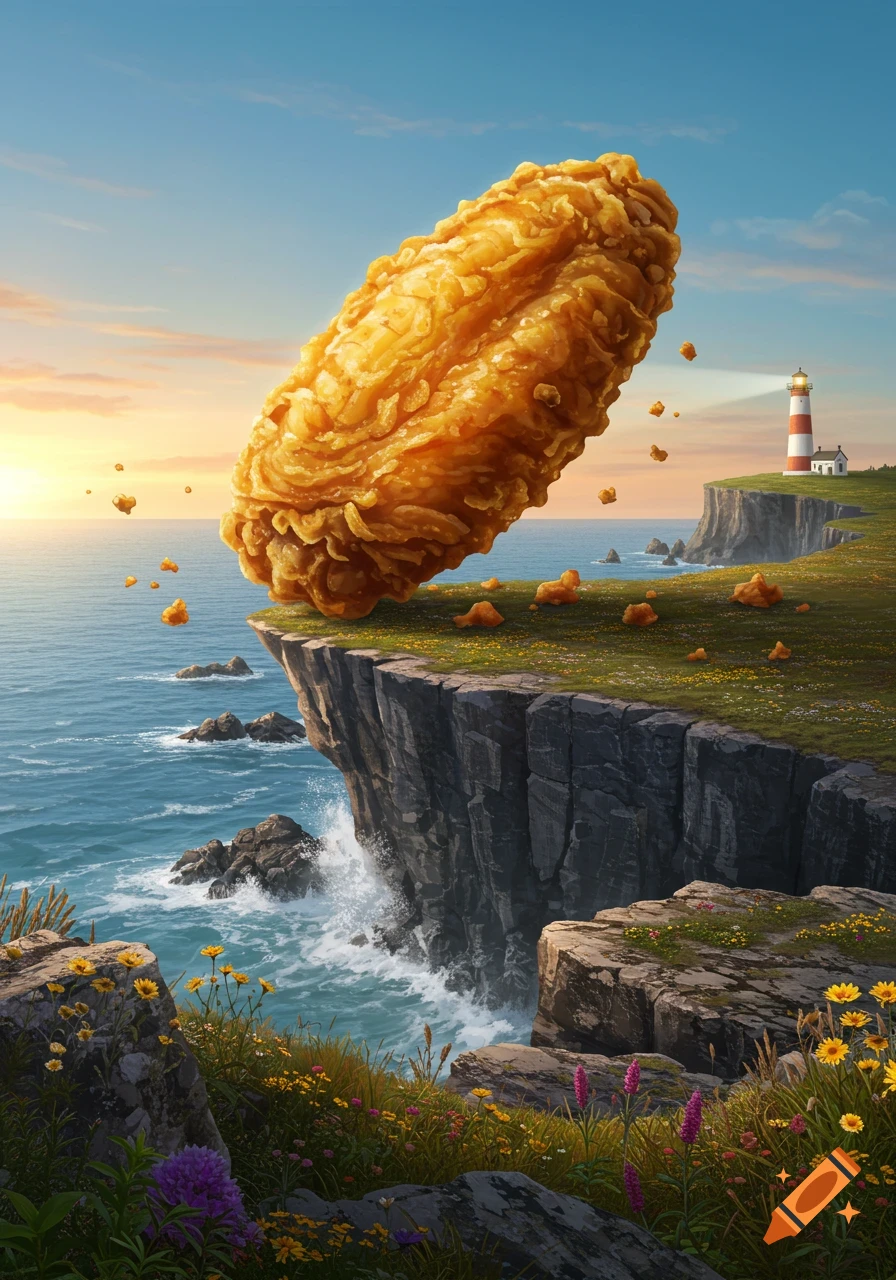 A giant, crispy fried chicken wing balanced on a cliff edge overlooking the ocean with a lighthouse under a sunset sky.