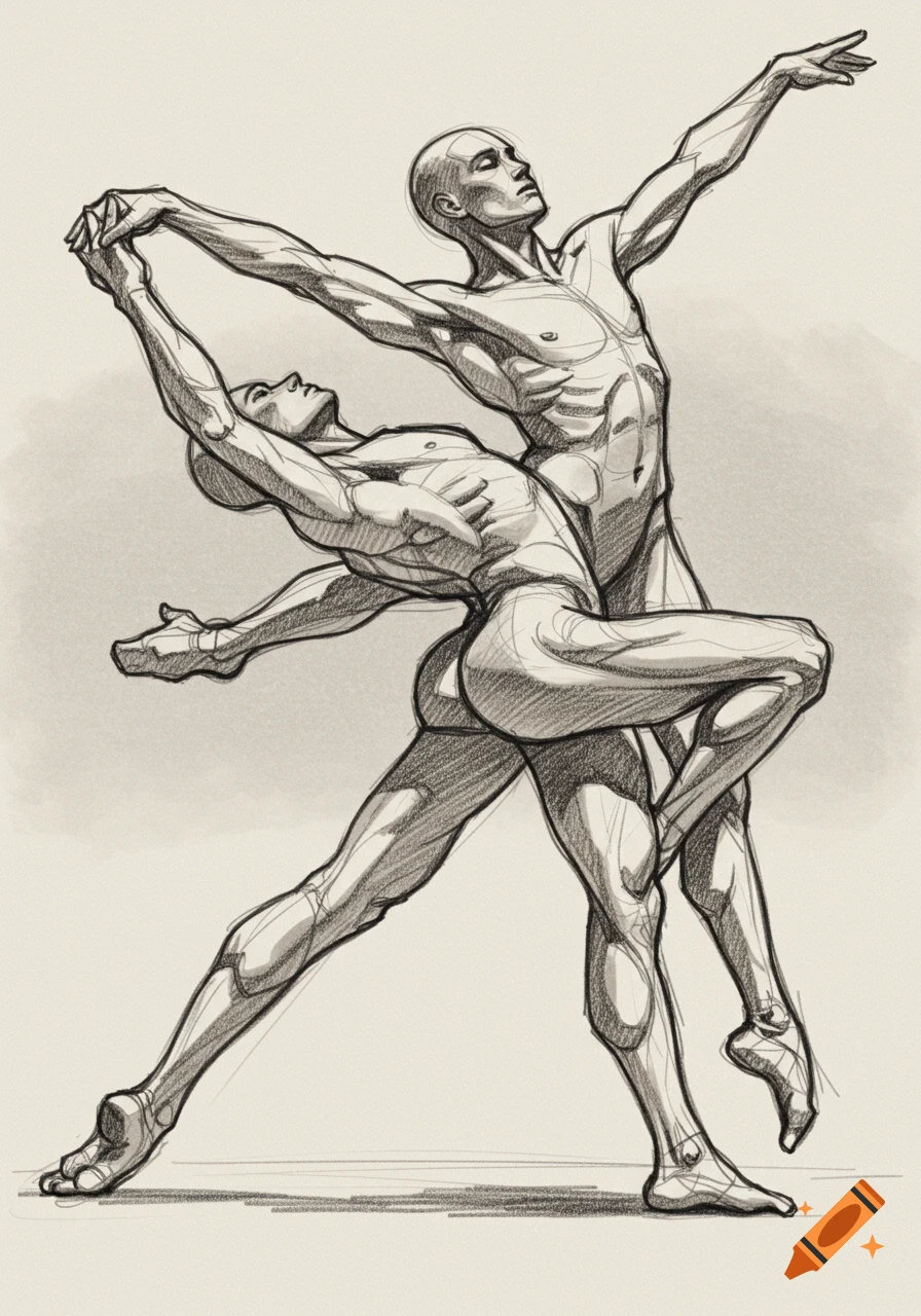 Pencil sketch of two nude male dancers in a dynamic, intertwined ballet pose on a light background.