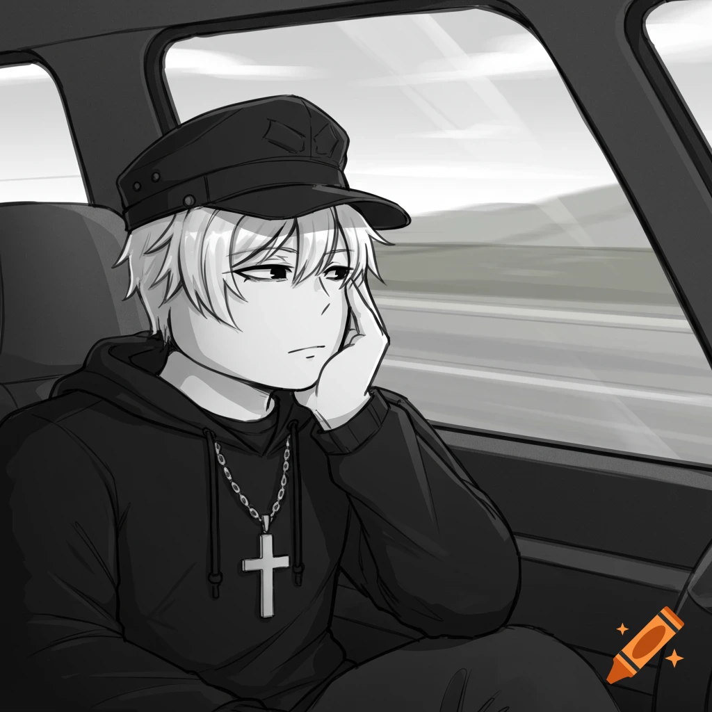 An anime-style sketch of a person with white hair, black cap, and a cross necklace, looking out a car window.