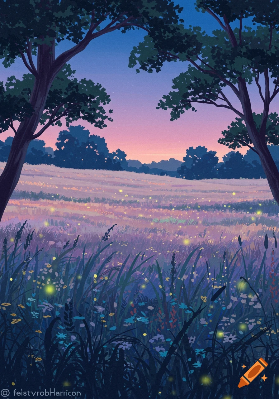 An illustration of a field glowing with fireflies at dusk, framed by two large trees against a purple and blue sky.
