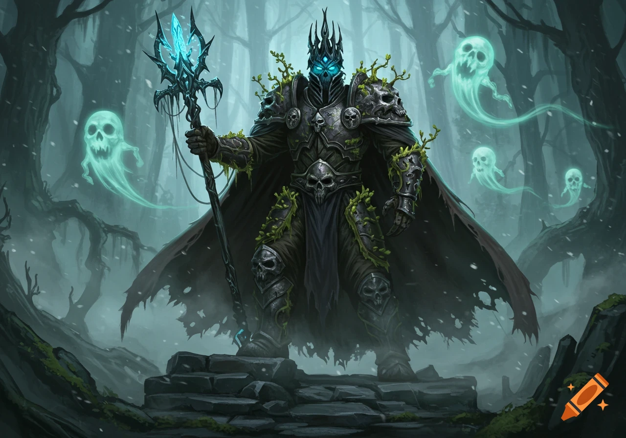 The moss-covered Lich King stands in a snowy, dark fantasy forest, holding a staff, surrounded by glowing blue ghosts.