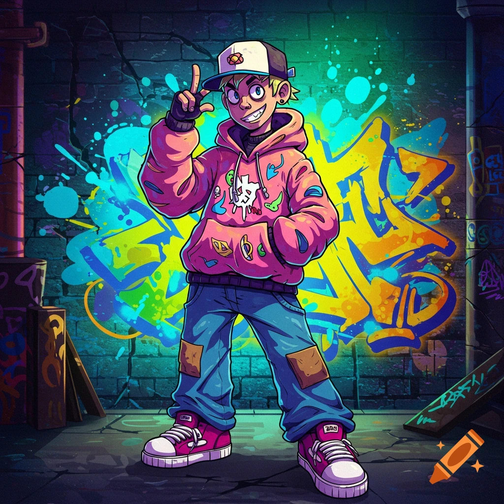 A stylized cartoon character in a pink hoodie and jeans stands in front of a vibrant graffiti wall, making a peace sign.