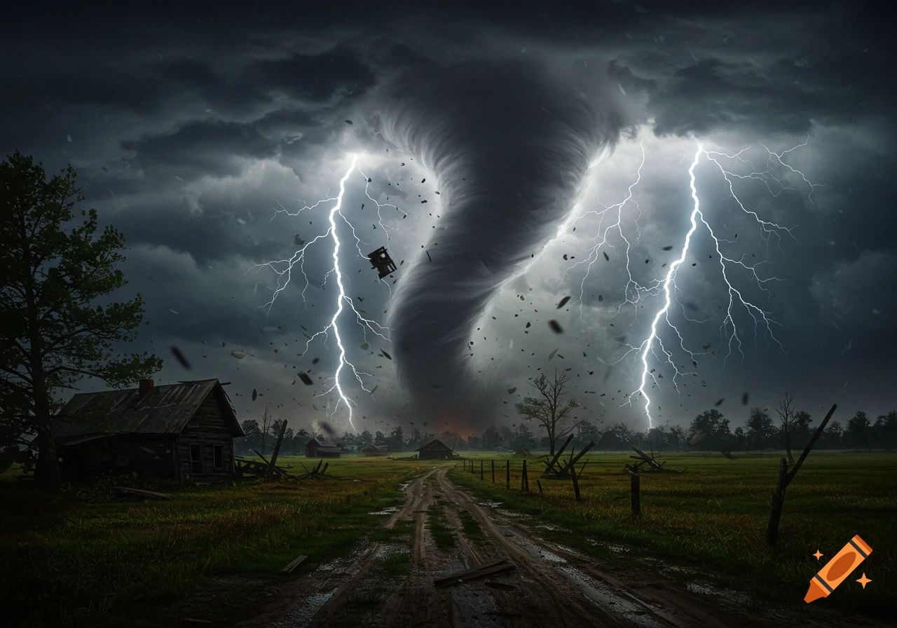 Photorealistic image of a powerful tornado with lightning ripping through a rural landscape, houses, and debris flying.