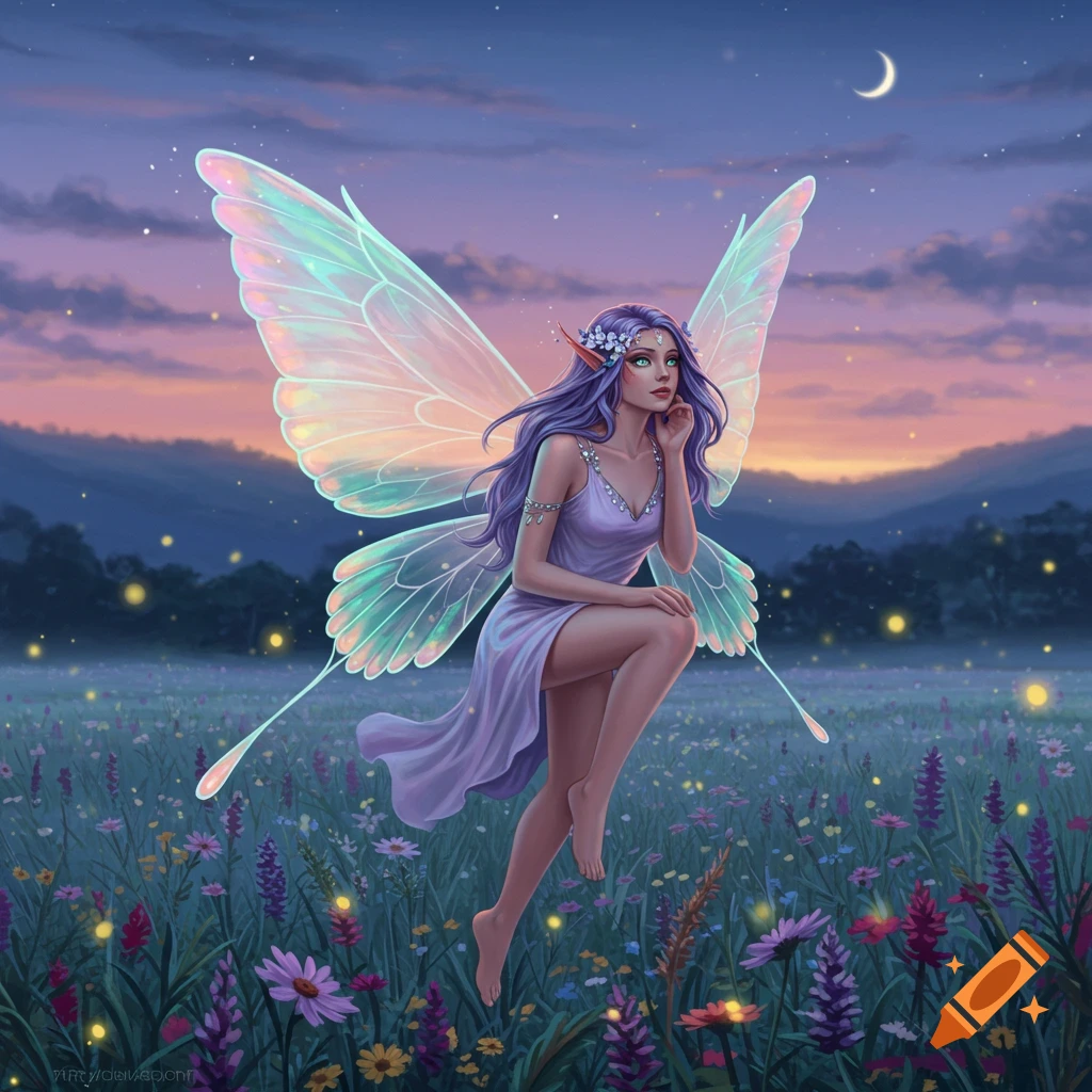 Digital art of a beautiful fairy with glowing wings and purple hair floating in a field of wildflowers at dusk.