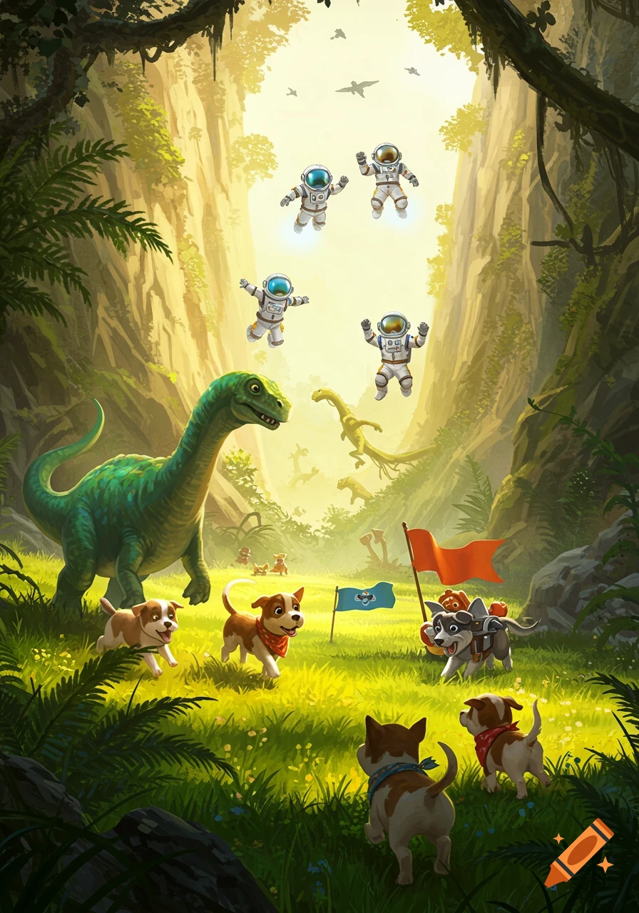 Cartoon astronauts float above a lush jungle with happy puppies and dinosaurs, playing a game of capture the flag.