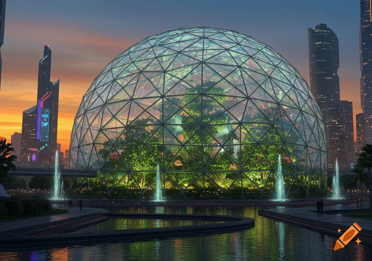 Futuristic city at dusk with a large geodesic dome greenhouse, tall skyscrapers, and illuminated fountains reflecting in water.