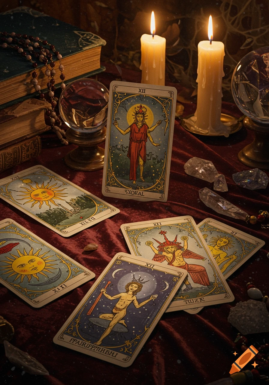 An atmospheric still life with several ornate tarot cards, lit candles, crystal balls, old books, and scattered crystals on a dark red velvet cloth.