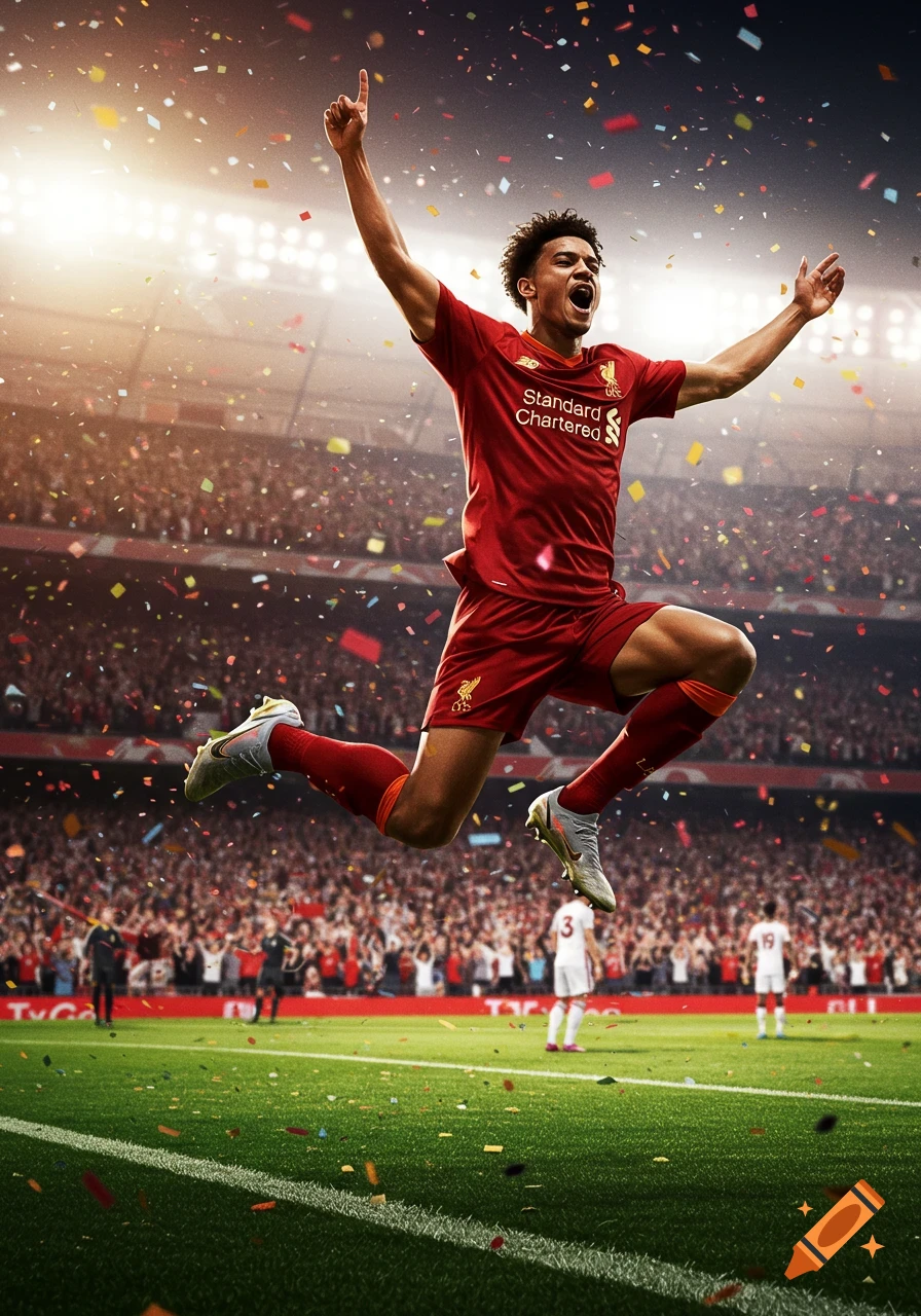 Photorealistic image of a male football player in a red jersey jumping in celebration on a stadium pitch with confetti and a crowd.