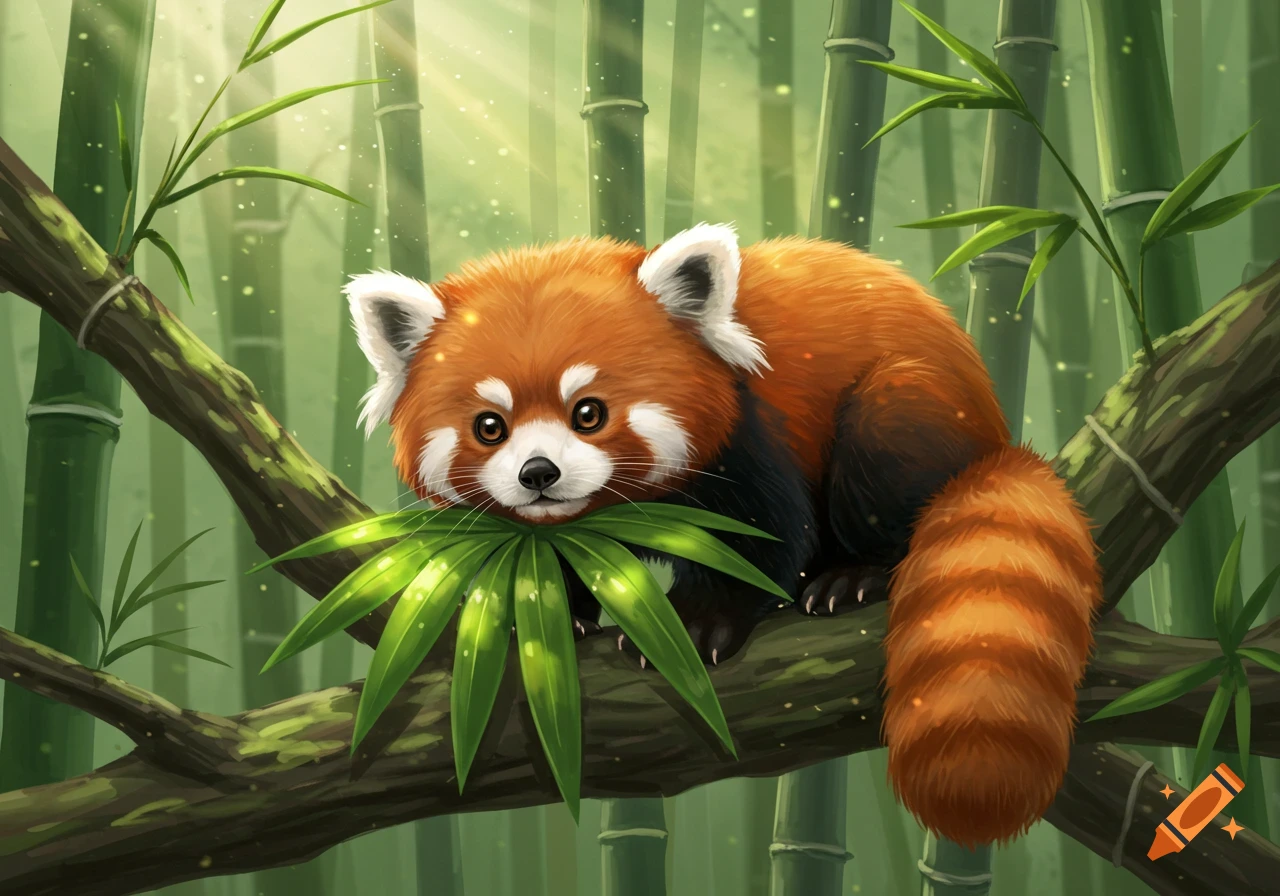 A cute, fluffy red panda rests on a tree branch among green bamboo leaves, in a vibrant illustration.