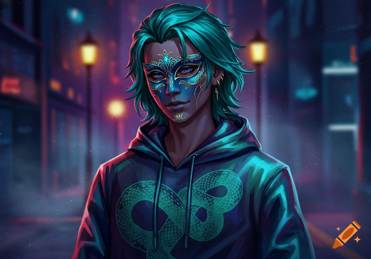 A person with teal hair, a blue and gold mask, and a snake graphic hoodie stands in a stylized urban night scene.
