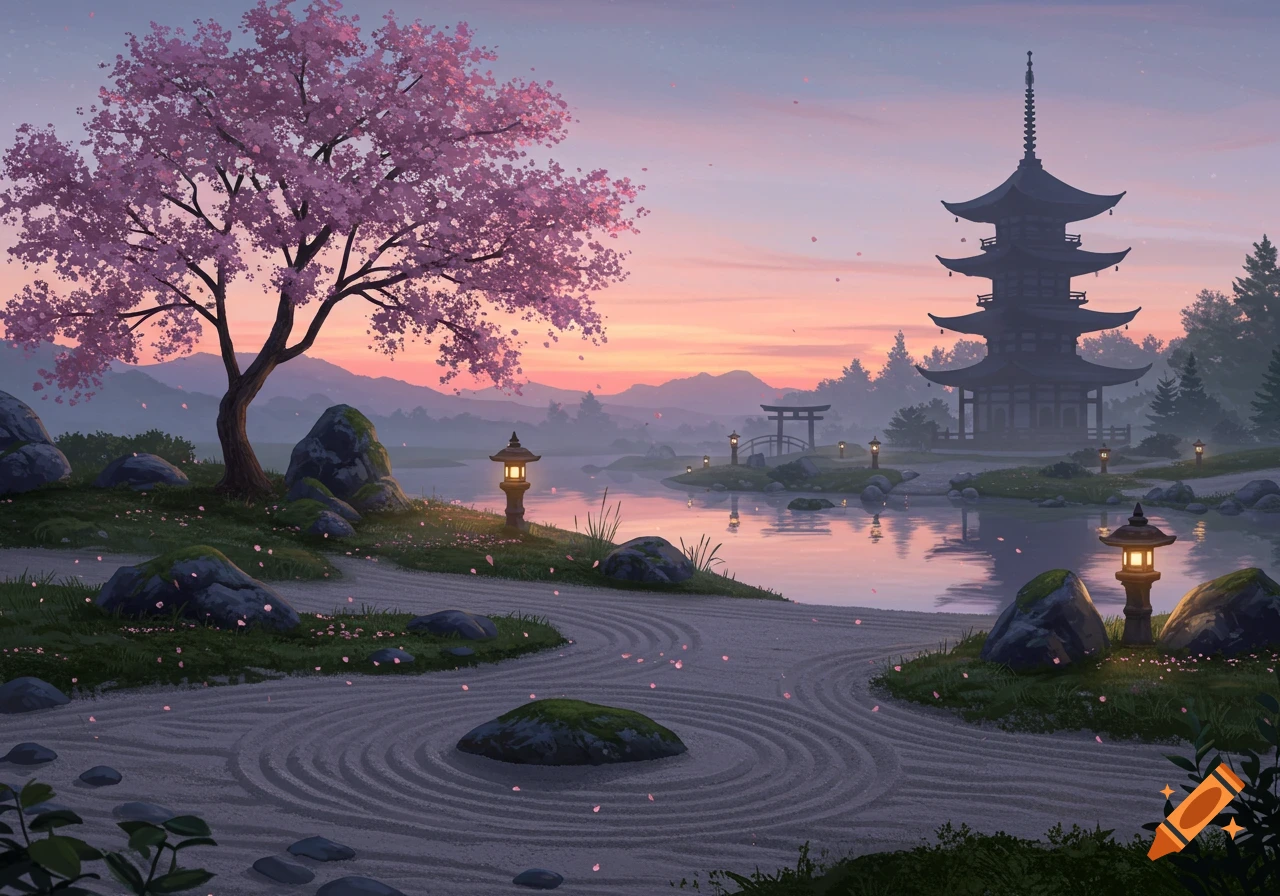 A serene Japanese garden at sunset with pink cherry blossoms, a pagoda, and lanterns by a calm lake with raked sand.