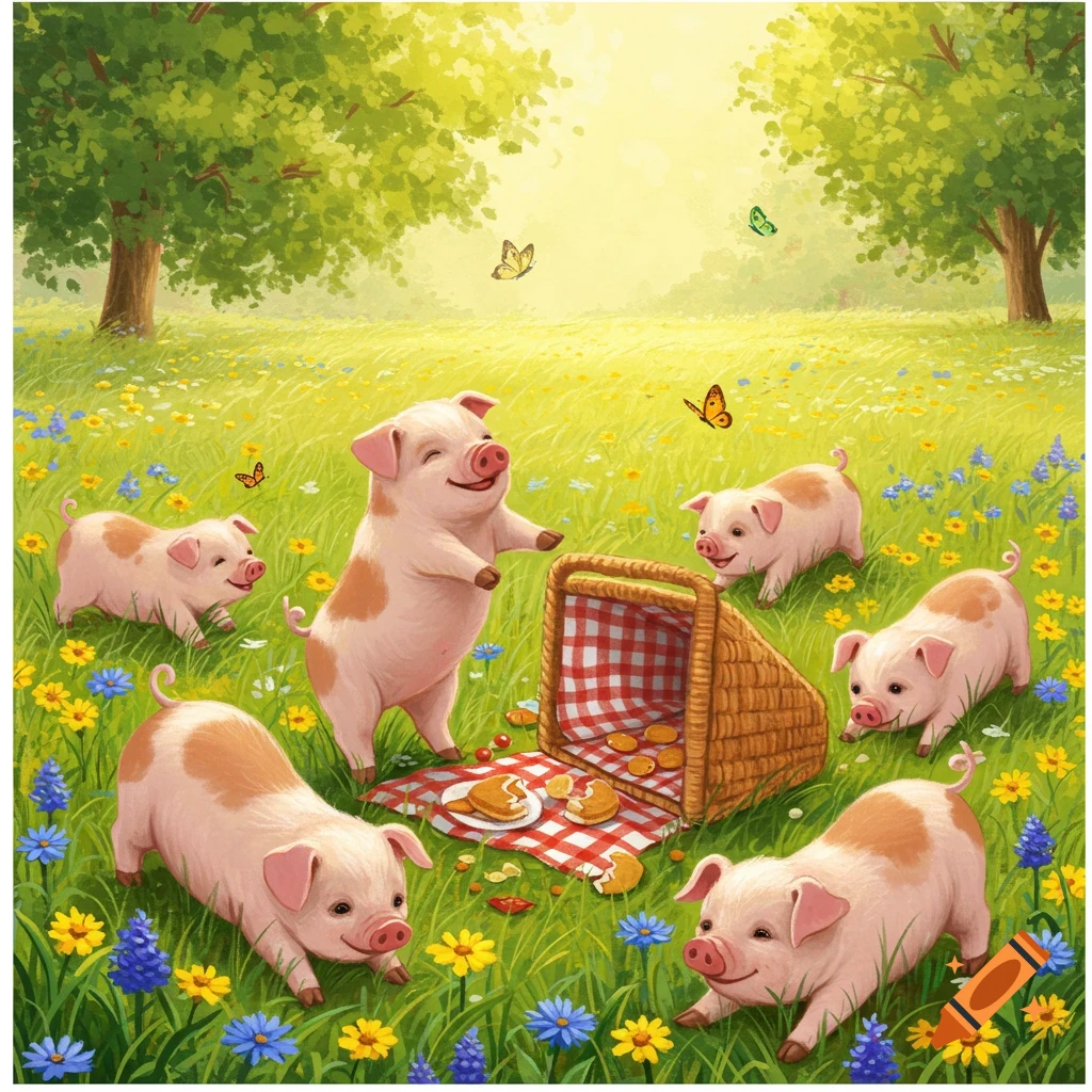 Smiling cartoon piglets have a picnic in a sunny, flower-filled meadow with butterflies.