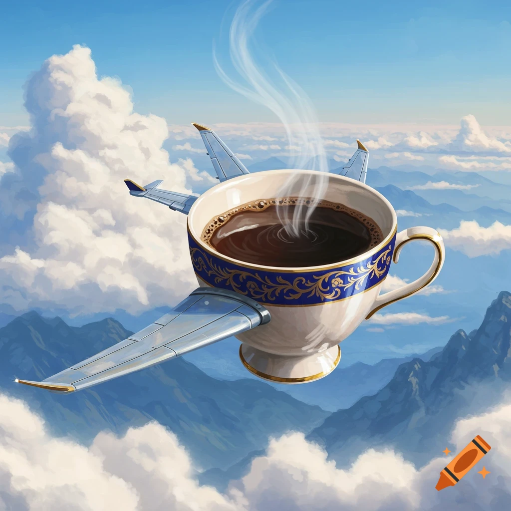 A surreal image of a steaming coffee cup with airplane wings flying through a cloudy sky above mountains.