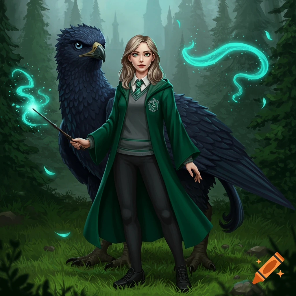 Female Slytherin student in green coat holds a glowing wand next to a black hippogriff with blue eyes in a forest with a castle. Digital art.