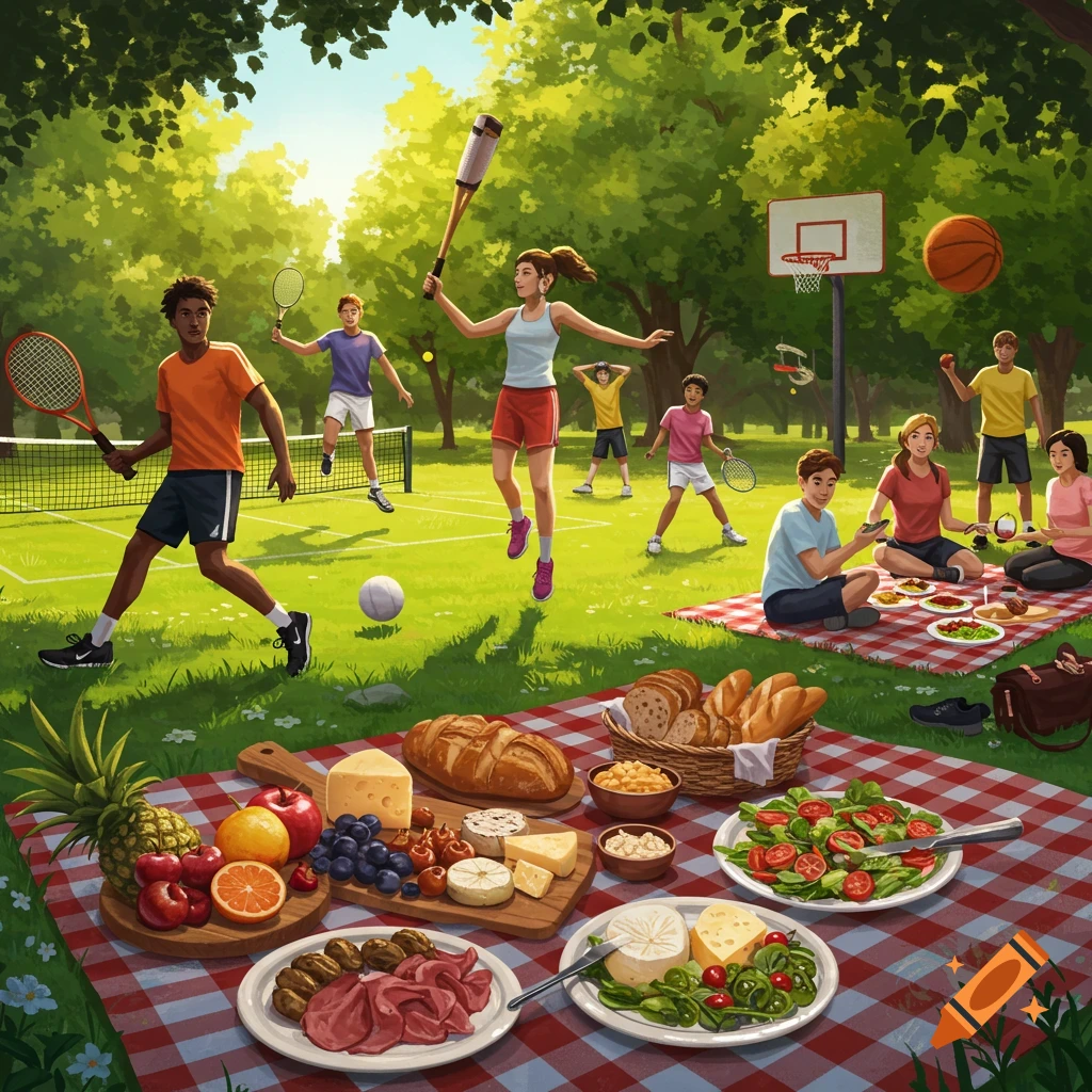 People play tennis, baseball, and basketball while others picnic with food in a sunny park, illustrated.
