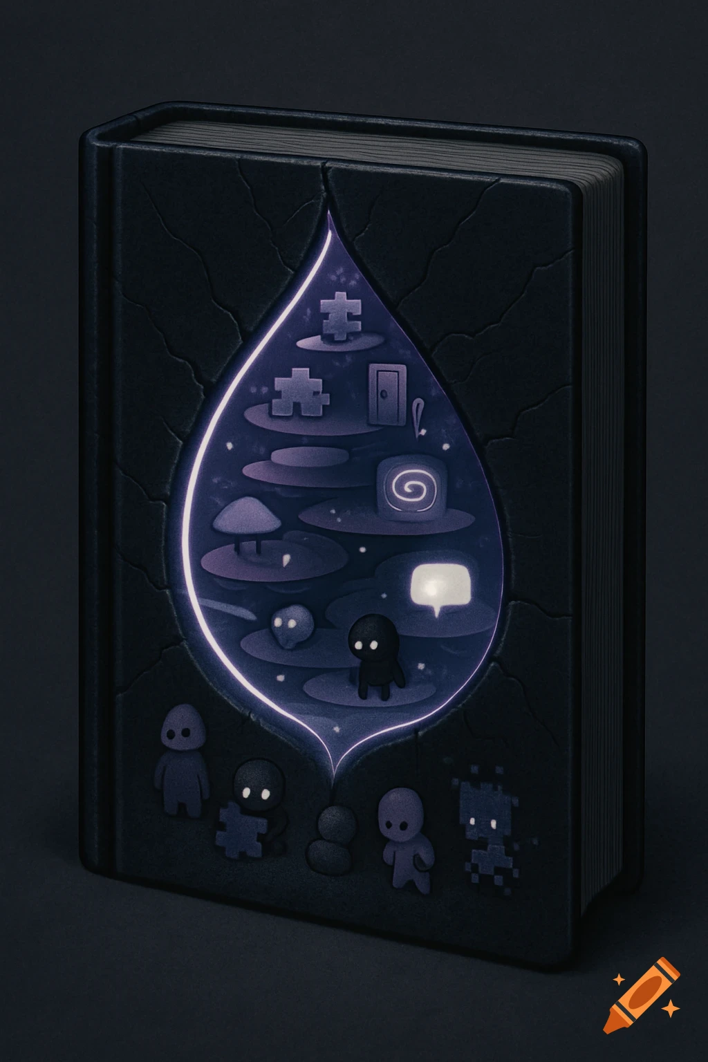 A stylized black book with a glowing tear-shaped portal revealing an inner world with small shadowy figures, puzzle pieces, doors, and a speech bubble.