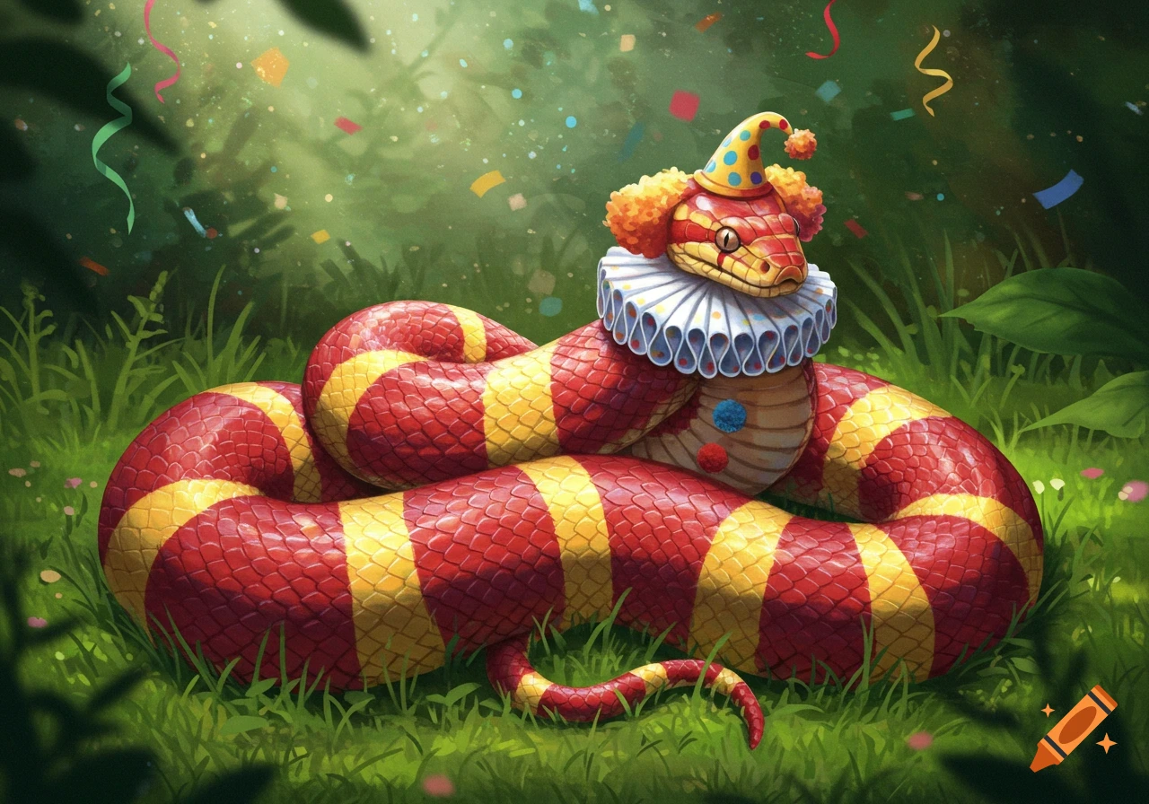 A red and yellow striped snake dressed as a clown with a hat and ruffled collar sits in grassy foliage with falling confetti, in an illustration style.