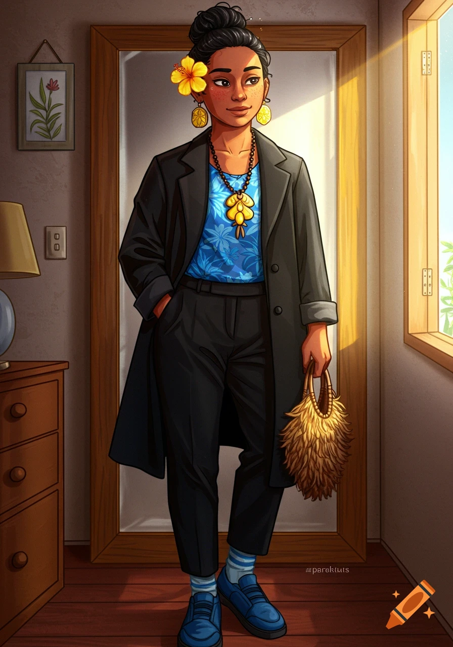 An illustrated Samoan woman with a bun, hibiscus flower, and yellow earrings, wearing a blue floral top, black coat, and black pants. She holds a feathered bag and blue shoes in a sunlit room.