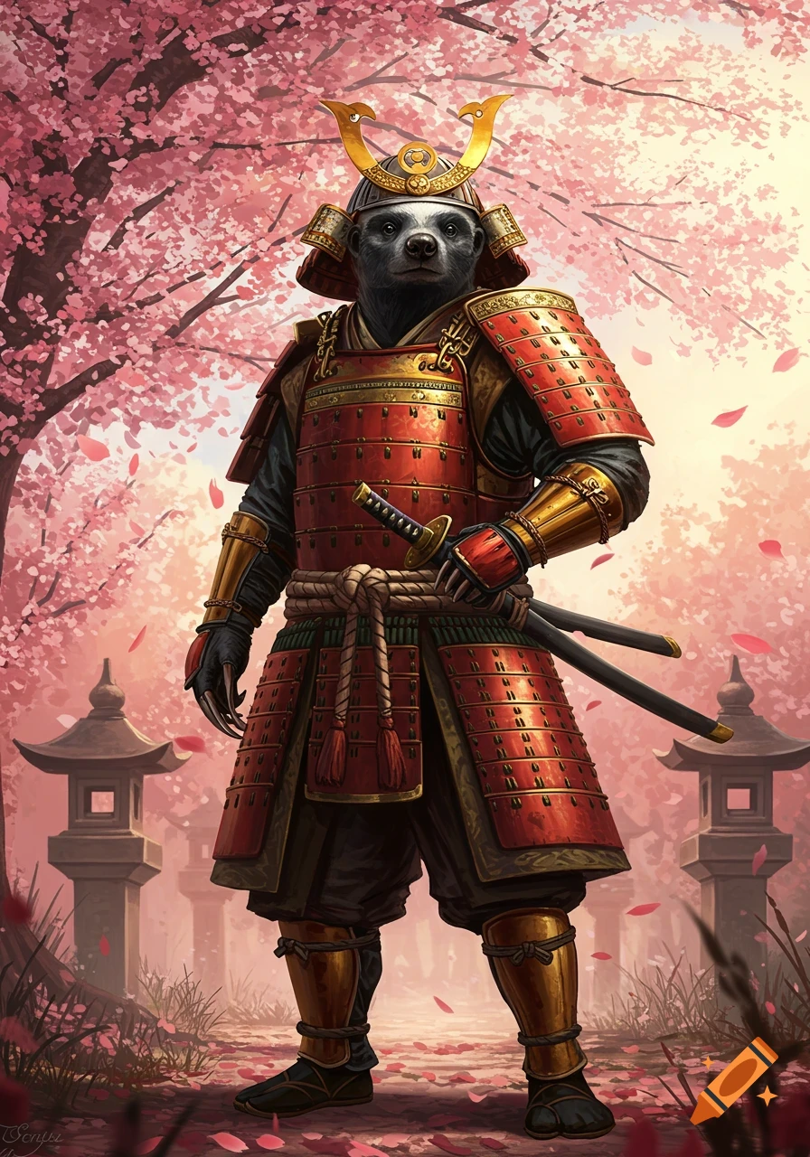 A honey badger in ornate red and gold samurai armor stands under pink cherry blossom trees, holding a katana.