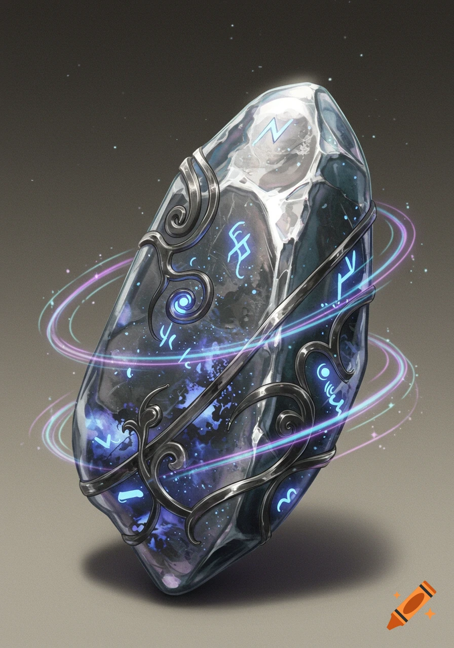 A polished metallic stone with glowing blue and purple magical runes and swirling light trails, in a game art style.