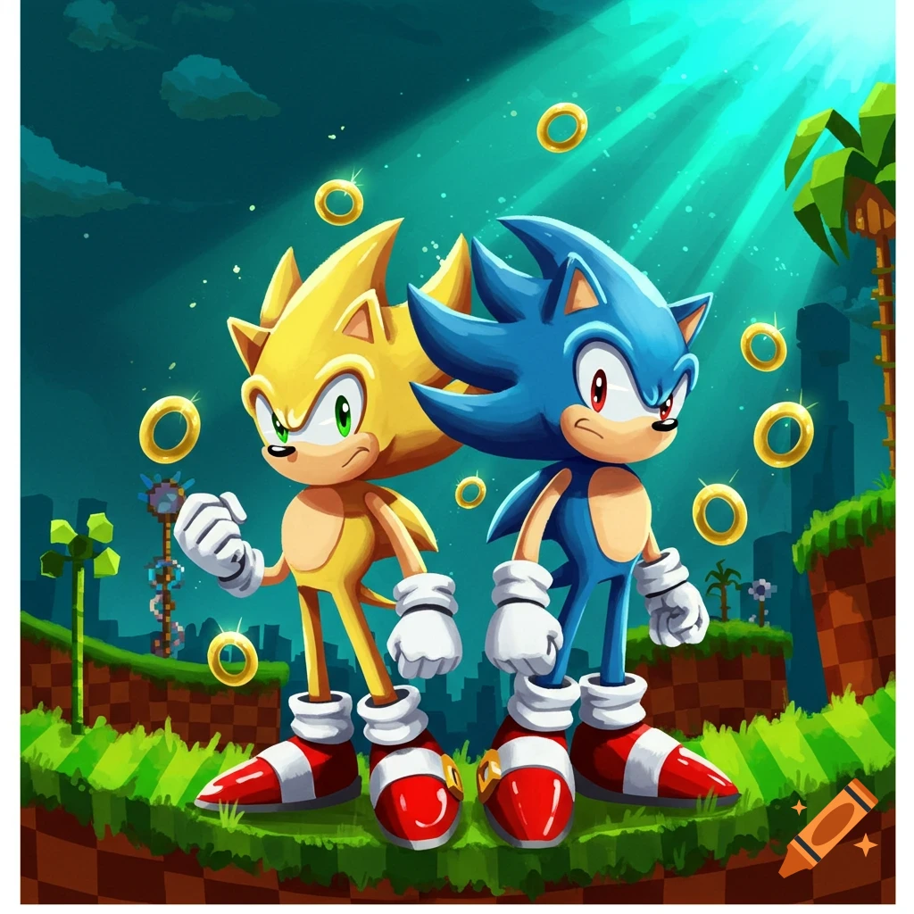 Blue Sonic and yellow Super Sonic stand side-by-side in a green, ring-filled landscape with blue skies, cartoon style.