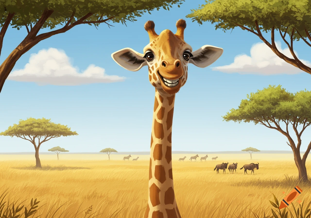 A cartoon illustration of a smiling giraffe standing in a sunny savanna, with other wildlife and trees in the background.