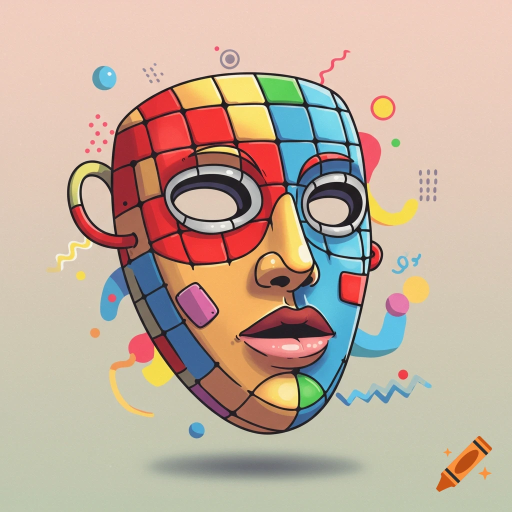 Vibrant cartoon illustration of a mask resembling a colorful Rubik's cube, surrounded by abstract shapes.