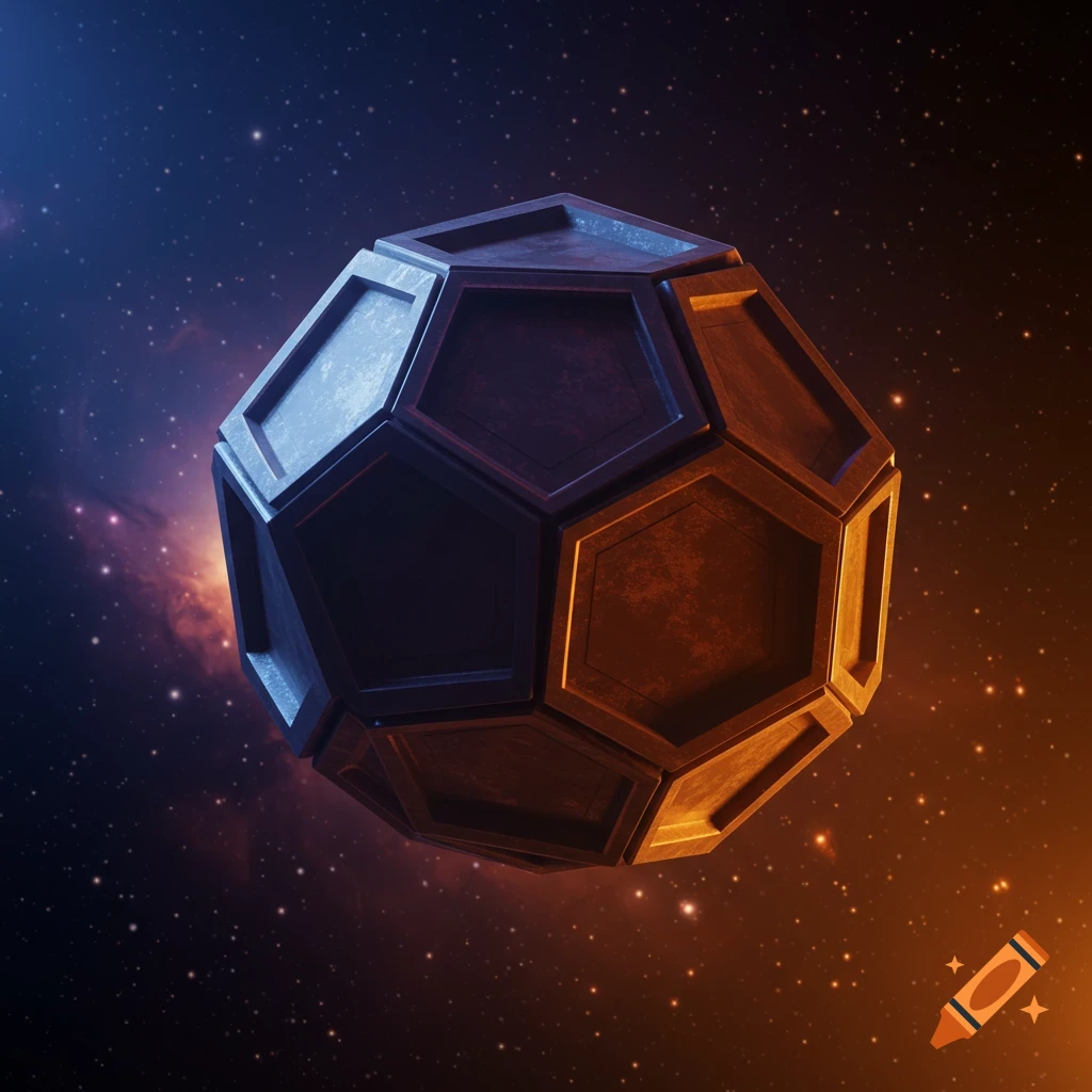 A metallic truncated icosahedron floats in deep space, illuminated by blue and orange light against a starry background.
